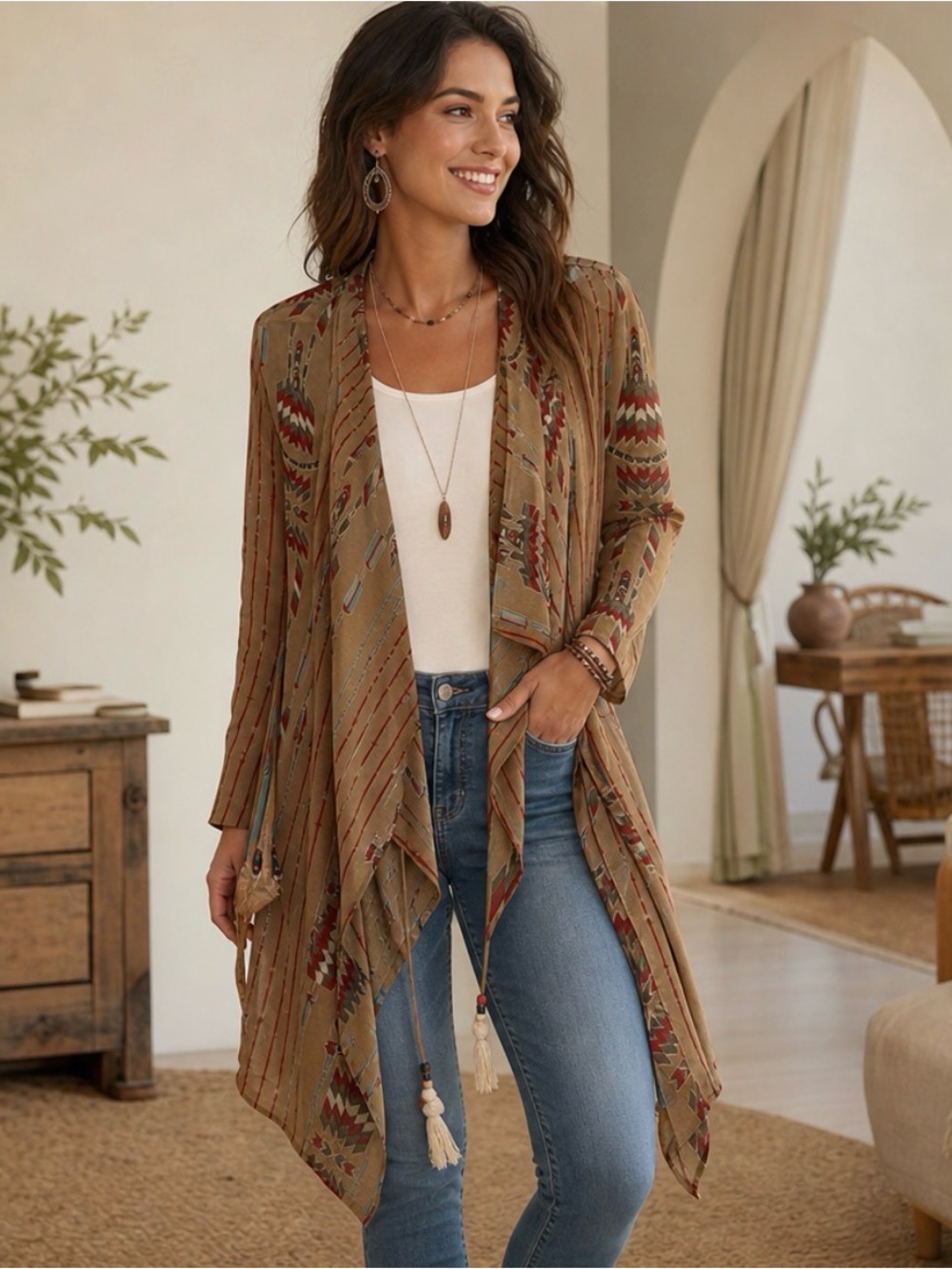 BLOW OUT SALe! Lightweight Tan Printed Draped Kimono Cardigan